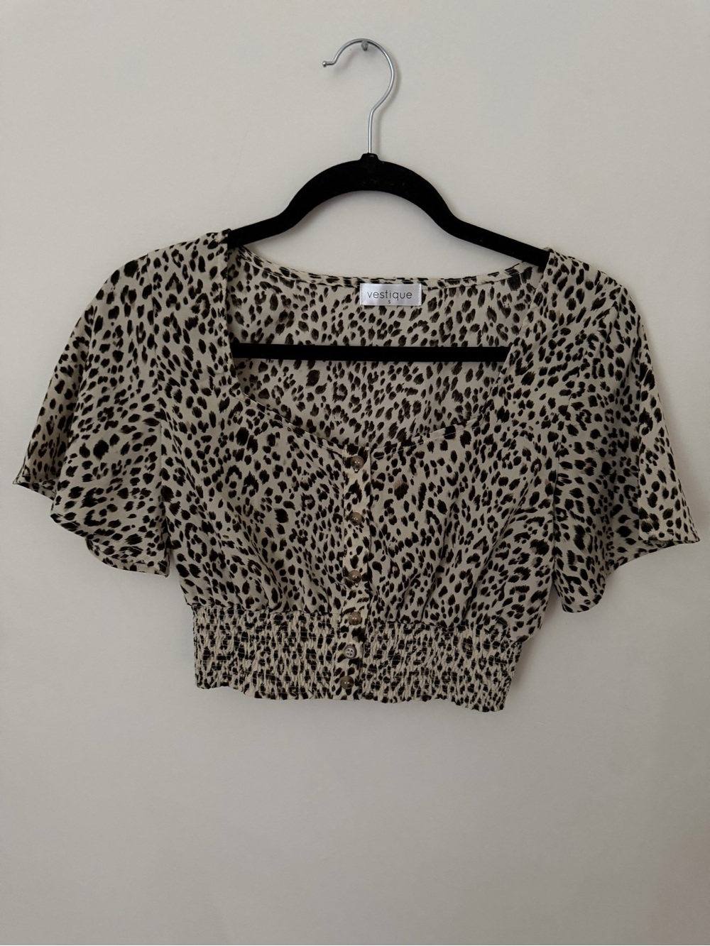 vestique Beige and Black Leopard Print Cropped Button Top